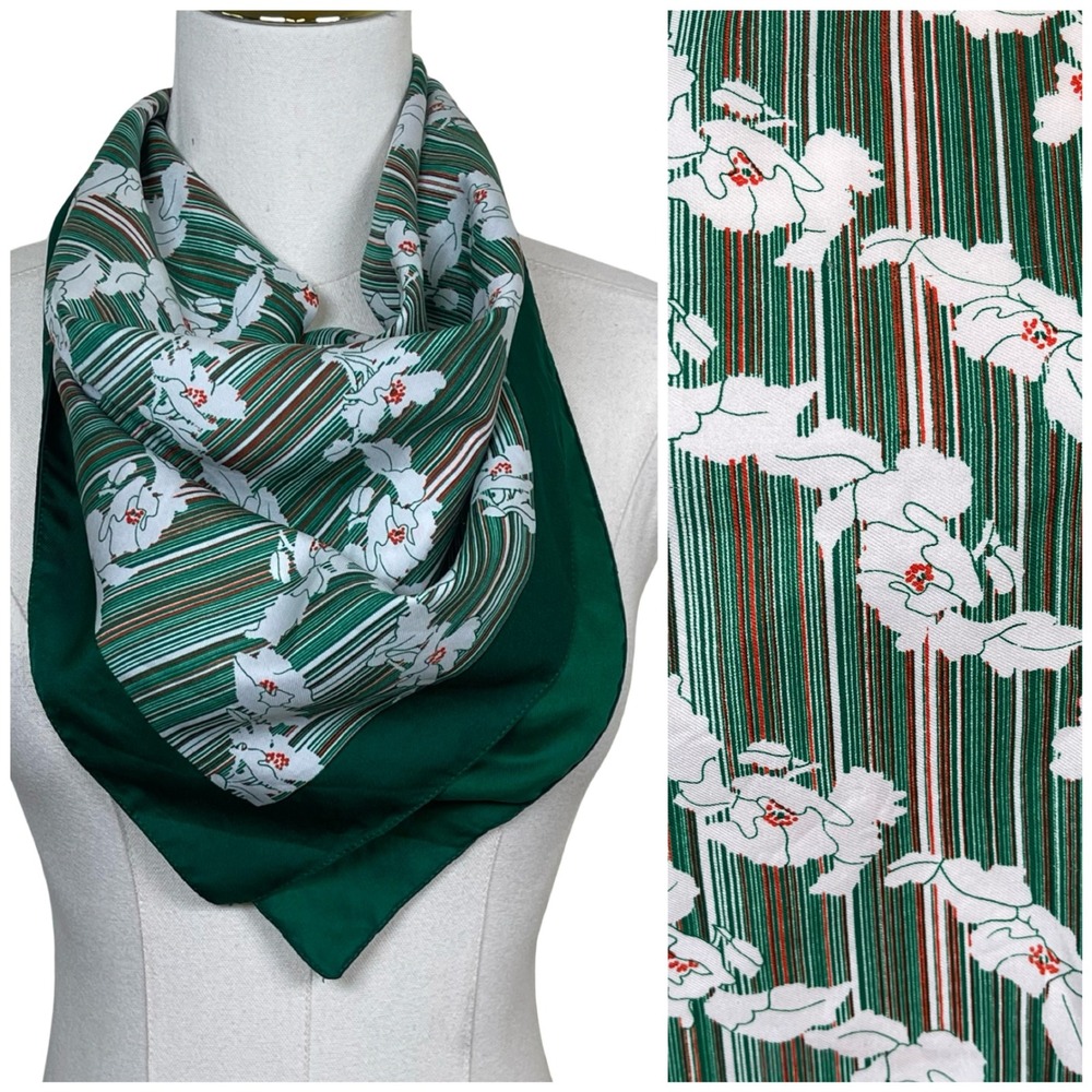 Vintage Floral Striped Square Scarf Green White Botanical Retro Satin 70s Boho